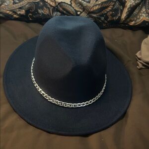 Navy Blue Fedora with Silver Chain